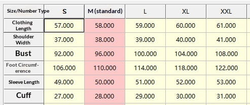 Tableau des tailles pour blouse ample en lin et coton pour femmes, présentant les mesures en centimètres, de la taille S à XXL.