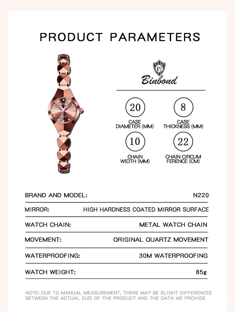 Rose gold-tone luxe geometric faceted bracelet watch chain with diamond-shaped links and matching case and dial featuring diamond accents.