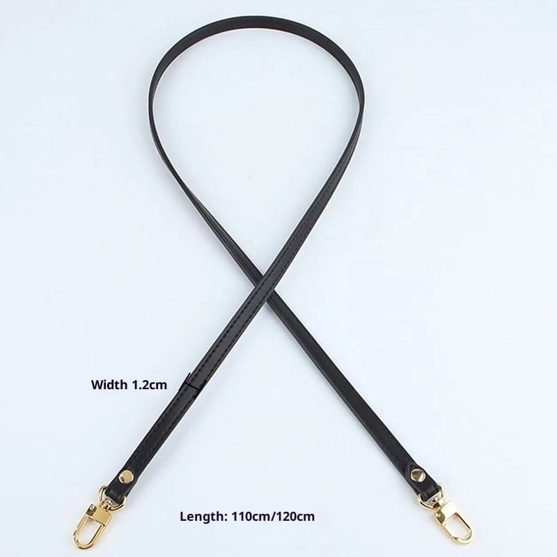 Black leather replacement strap for crossbody bags with gold-tone metal clasps.