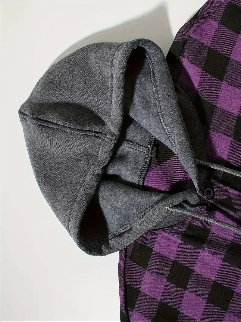 men’s plaid hooded flannel shirt featuring a dark gray hooded sweatshirt layered over a purple and black plaid flannel shirt.