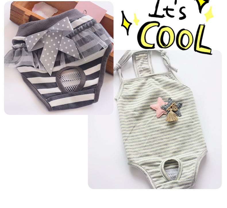 Dog physiological pants washable pet diaper sanitary shorts in gray and white stripes with a polka dot bow and mesh ventilation panel.