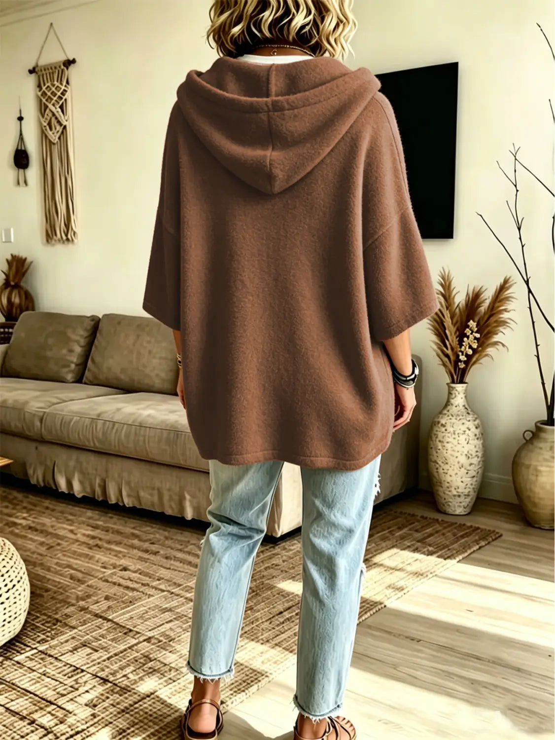 A cozy oversized brown fleece hooded top with a soft slouchy fit and three-quarter sleeves.