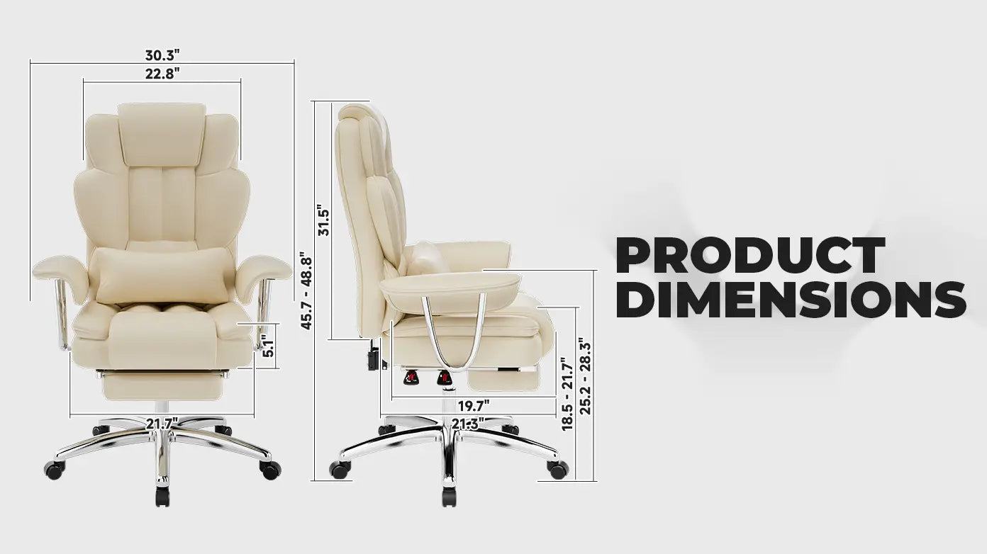 Chaise de bureau de direction en cuir de couleur crème, grande et haute, avec base chromée et roulettes, comprenant un repose-pieds.