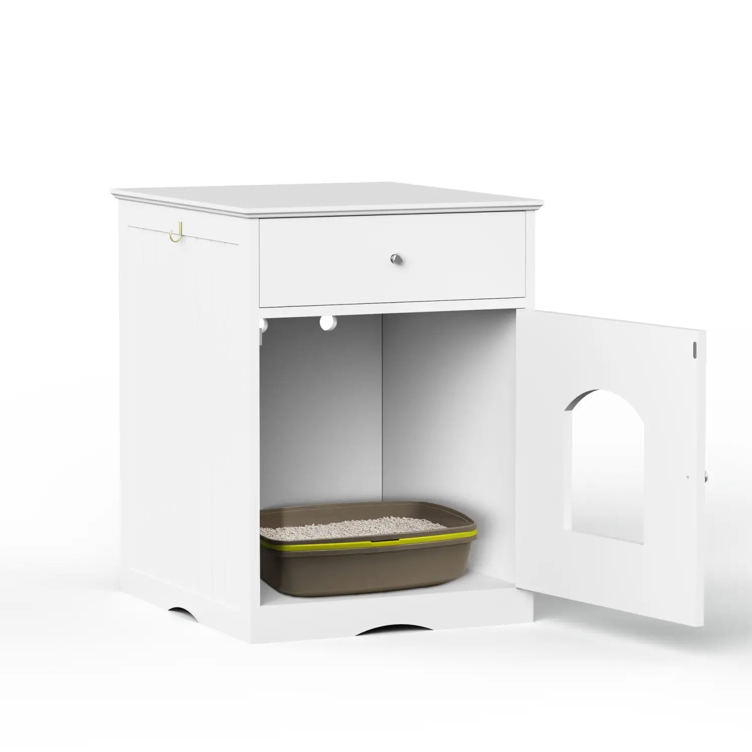 White wooden cat litter box enclosure with a single drawer and an arched door housing a brown litter tray with lime green rim.