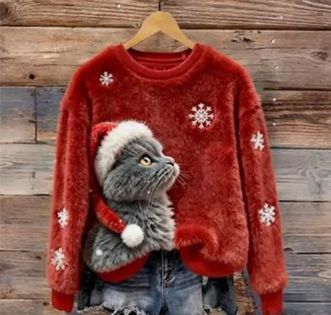 Roter flauschiger Weihnachts-Crewneck-Pullover mit einem bestickten 3D-grauen Kater, der eine Santa-Mütze mit weißer Schneeflocken-Applikation trägt.