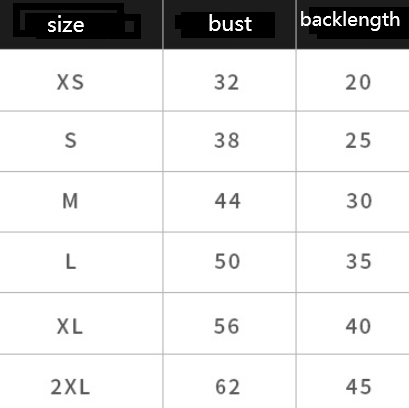 La imagen muestra una tabla de tallas para chaquetas de invierno para perros de terciopelo con capucha y pompones, que enumera medidas en pulgadas desde la talla xs hasta la 2xl.