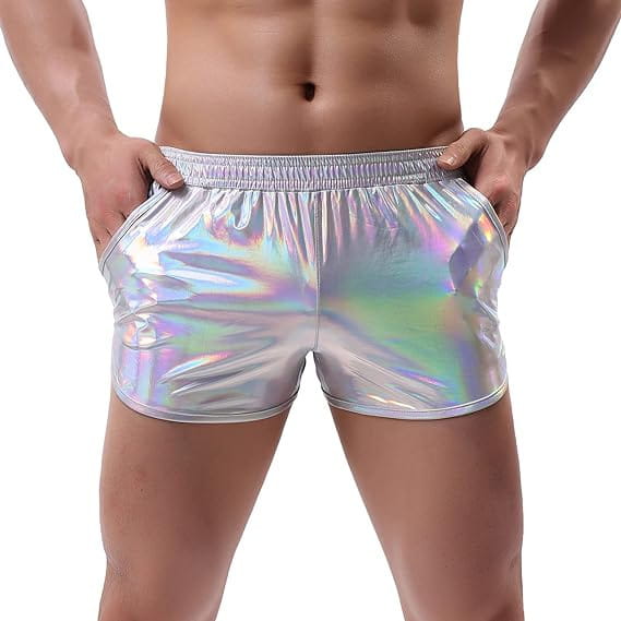 mens shiny metallic casual shorts featuring a reflective silver holographic iridescent finish made from metallic fabric