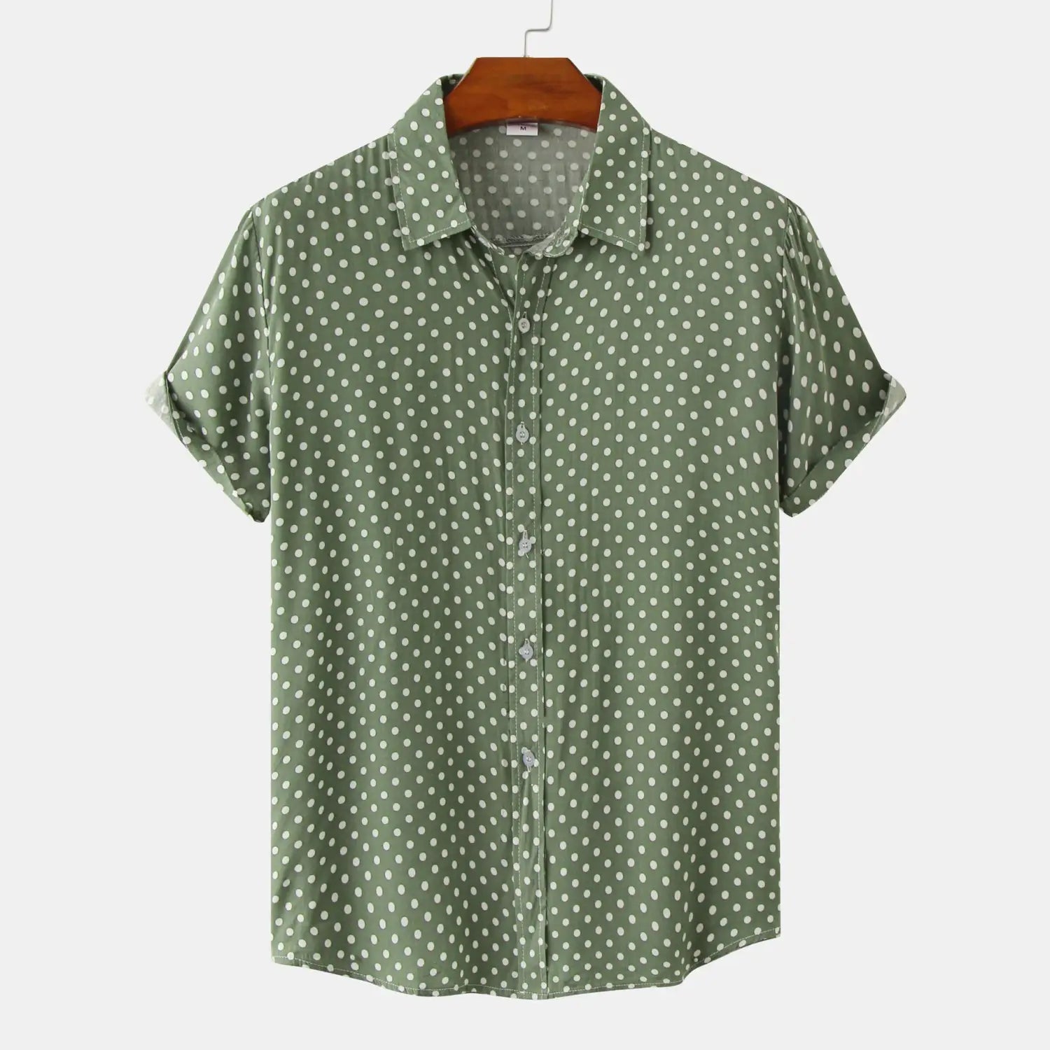 Men plus size short-sleeved olive green button-up shirt with white polka dot pattern designed for casual wear.