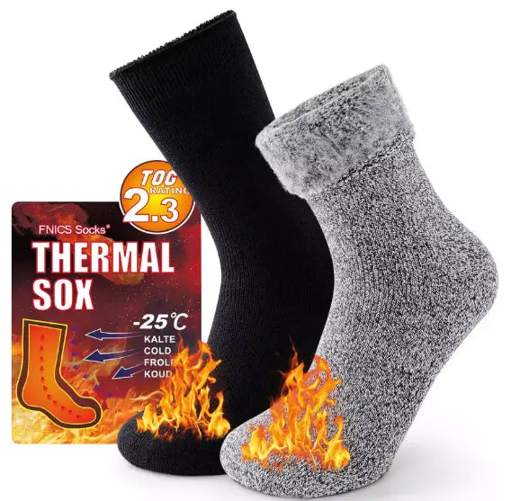 thermal winter socks two pairs unisex cold protection in black and gray with fluffy cuffs designed for warmth and comfort in cold weather