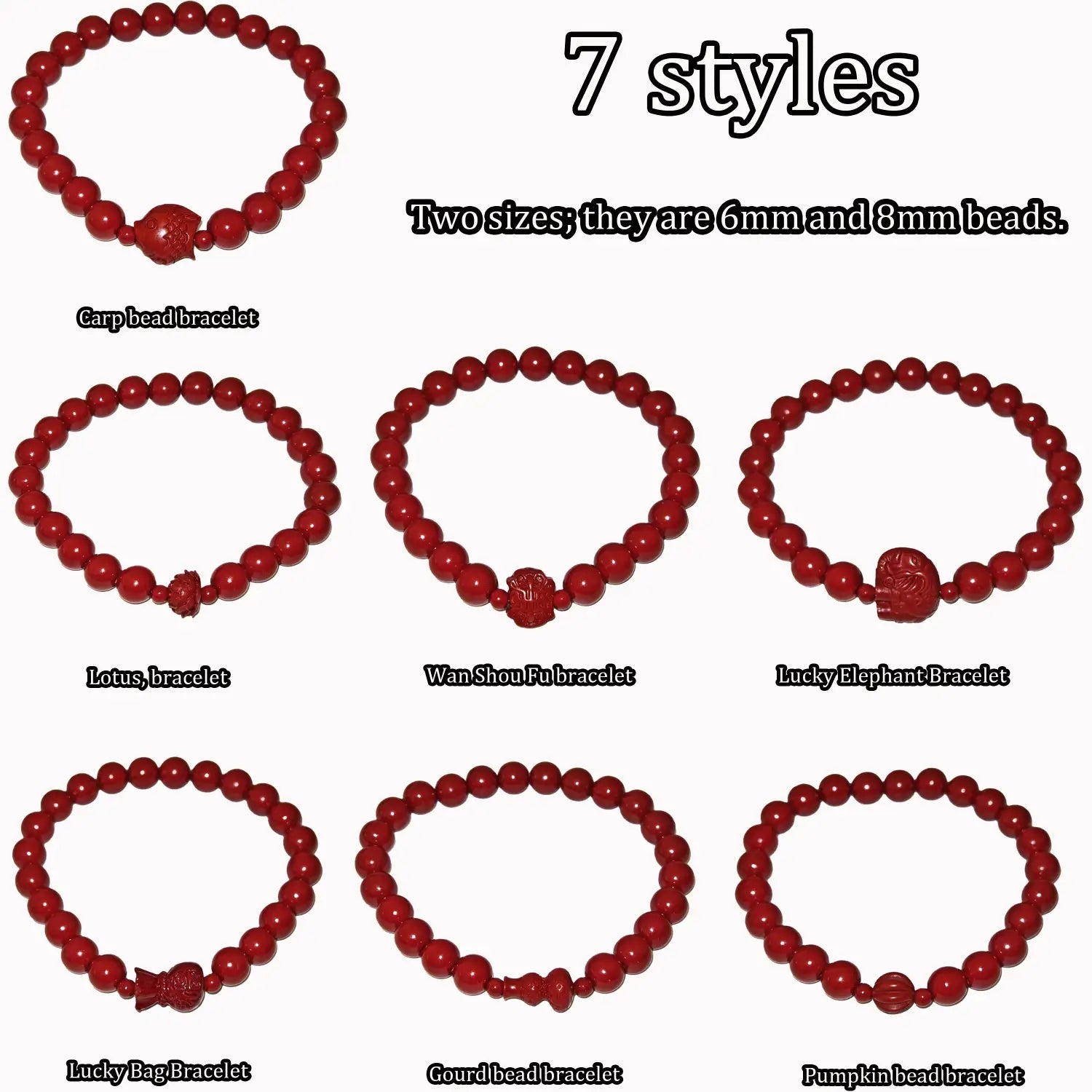 Handcrafted cinnabar lotus and calabash beaded bracelets in red featuring various carved designs including fish lotus and elephant motifs.