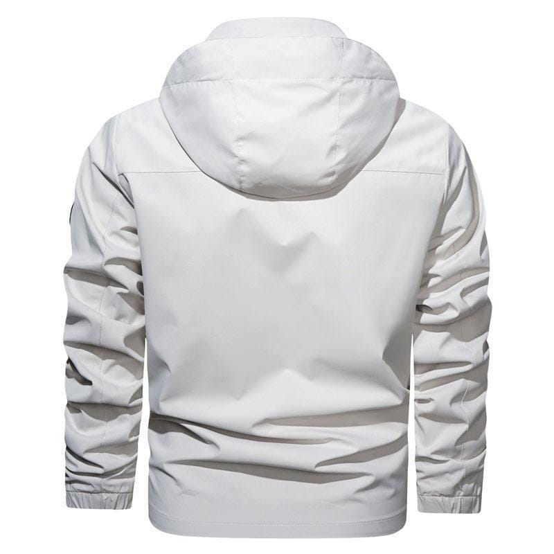 Mens outdoor fleece hooded jacket in white featuring a sleek lightweight fabric with subtle seam detailing for casual shell coat use.