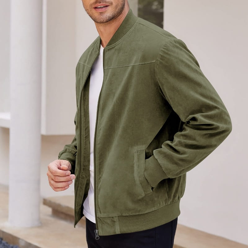 Olive green suede bomber jacket for men featuring a casual retro design.
