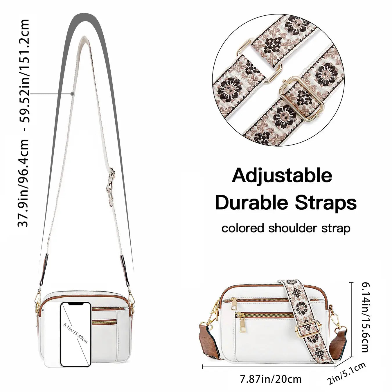 White crossbody bag with triple zipper compartments featuring adjustable floral pattern straps and gold-tone hardware.