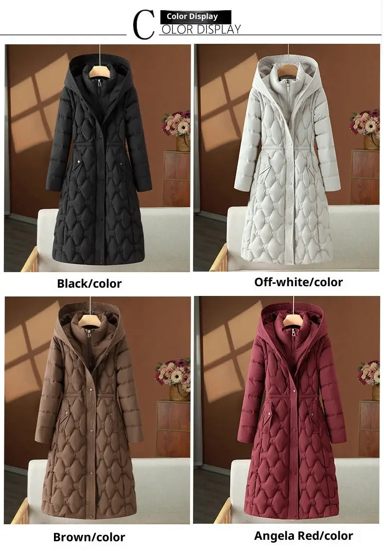 Damen-Wintermantel mit mittlerer Länge aus wattierter Steppung mit Diamantsteppmuster, erhältlich in Schwarz, Off-White, Braun und Angela-rot.