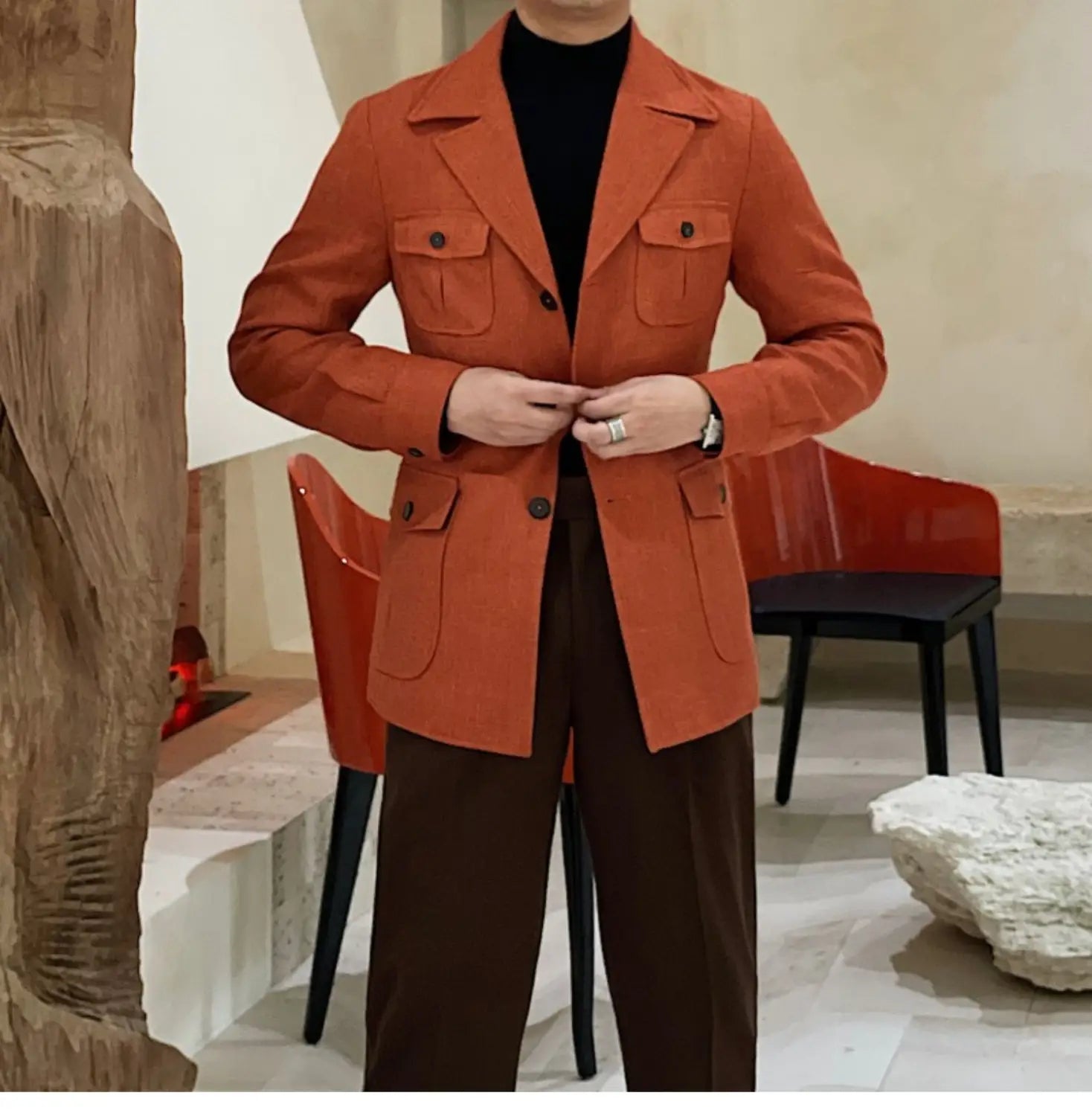 Veste de blazer ceinturée ajustée slim fit pour homme en laine rouille structurée, avec poches à rabat et boutons foncés