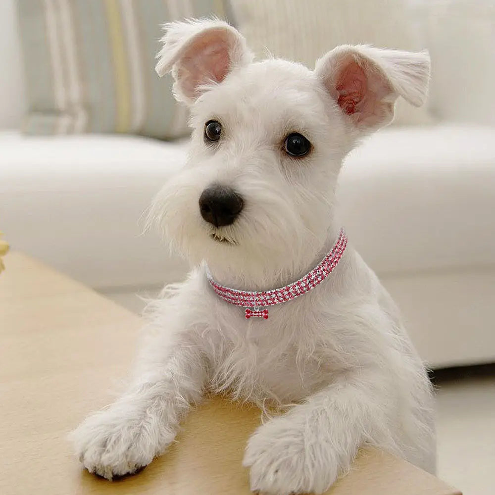 A pink rhinestone dog collar featuring a crystal bone charm designed for stylish pet accessories.