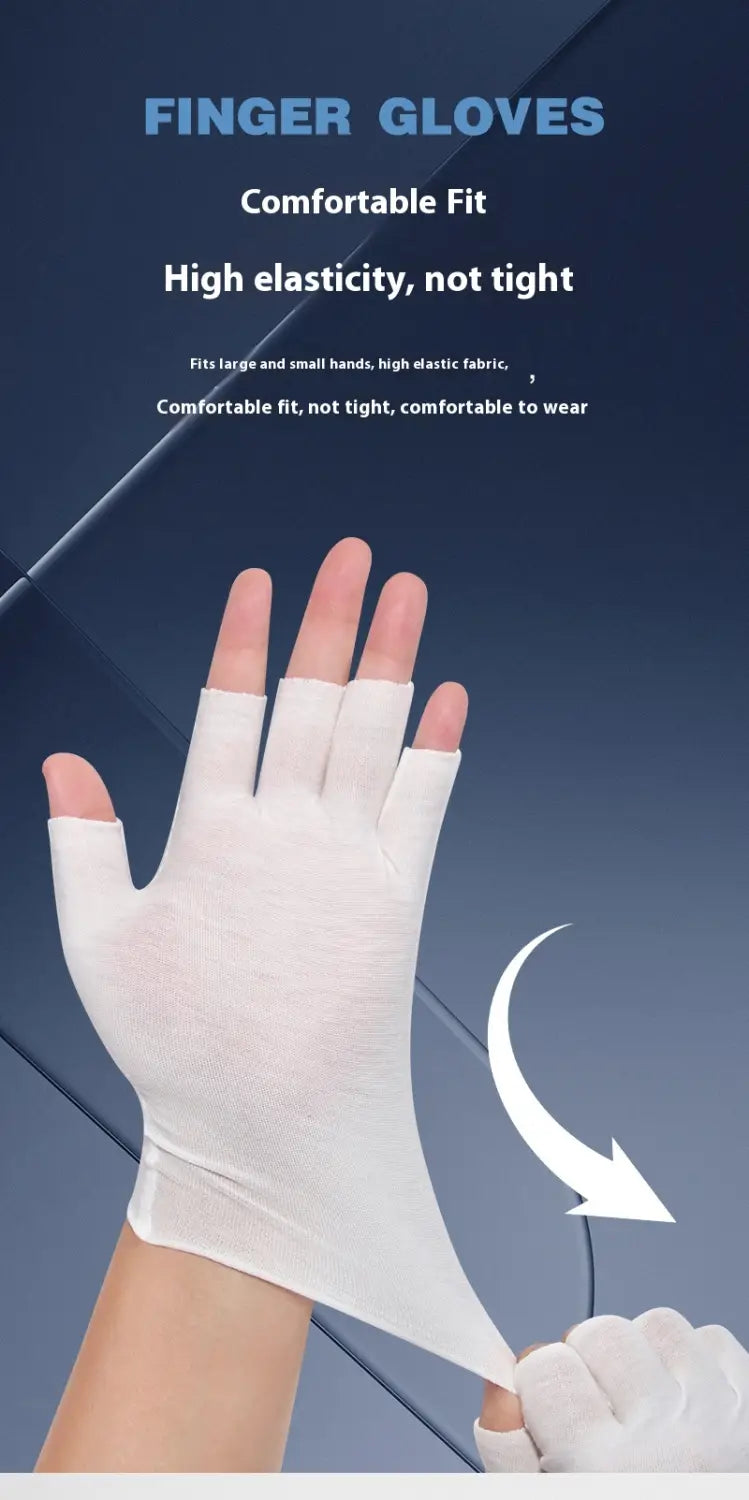 Atmungsaktive weiße Baumwoll-Handschuhe ohne Finger (Fingerless) aus hochelastischem Material für einen bequemen und nicht einengenden Sitz, von der Rückseite gezeigt.