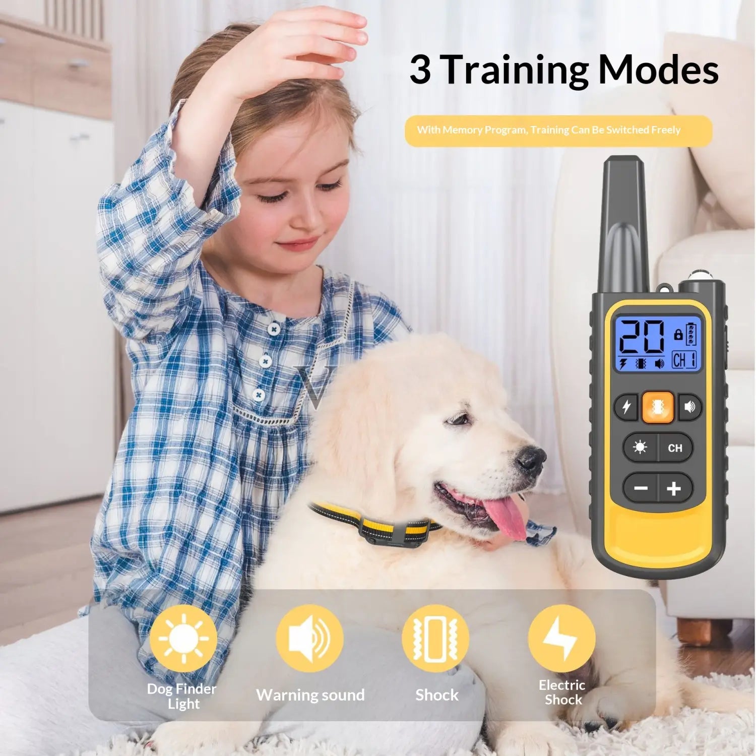 Yellow and black anti bark dog training remote with digital display showing channel 1 designed for collar control and behavior training.