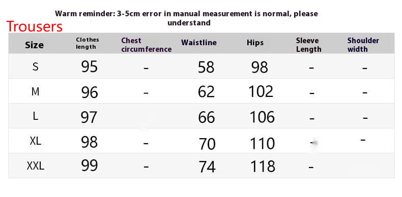 Tableau des tailles des pantalons noirs indiquant les mesures de la poitrine, de la taille, des hanches et de la longueur des manches pour l’ensemble oversize unisexe streetwear comprenant un sweat à capuche et un pantalon de survêtement.