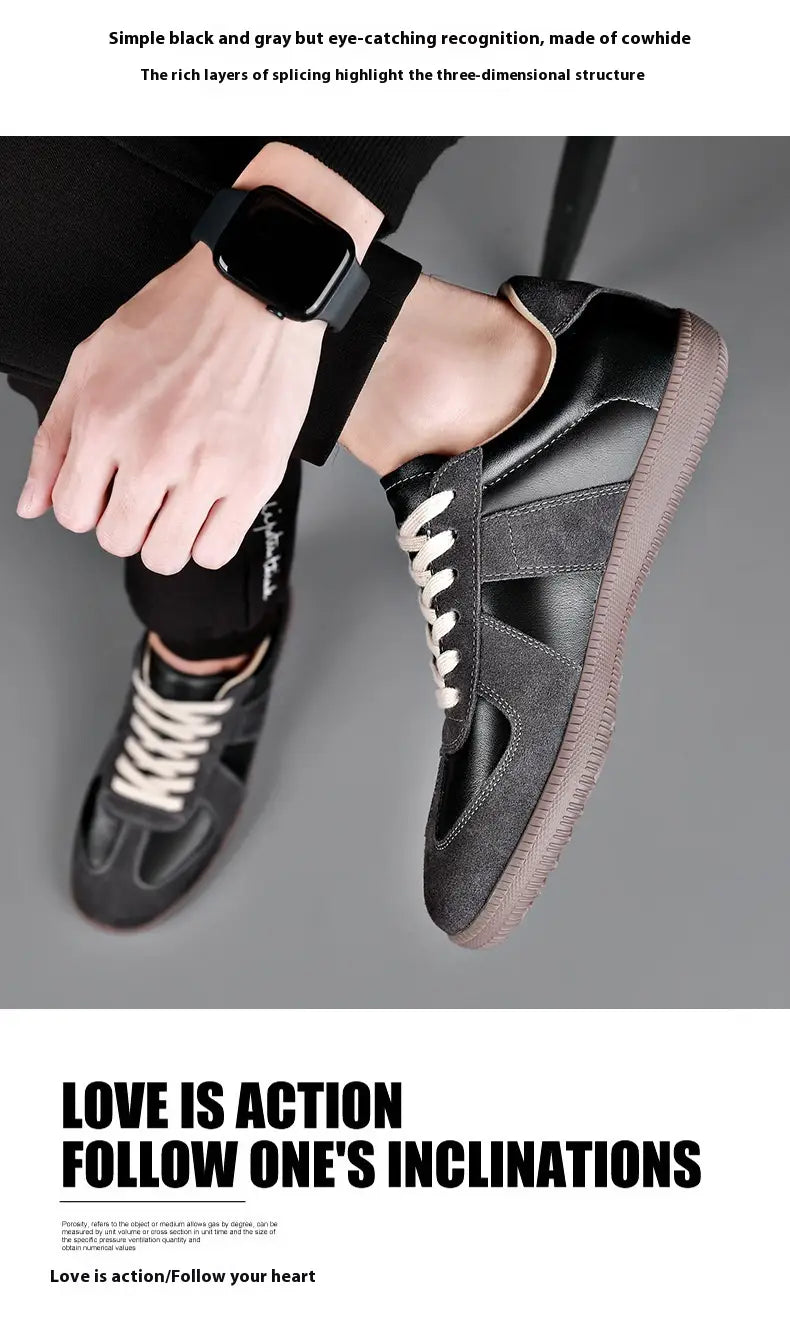 Deutsche Trainingsschuhe Herren aus Leder und Casual-Sneakern in Schwarz und Grau aus Veloursleder und Leder mit weißen Schnürsenkeln mit minimalistischem Design.