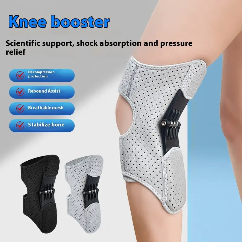 Soporte para rodillera elevadora con malla perforada blanca y bisagra ajustable negra, mostrado desde el lado posterior para trepar y correr.