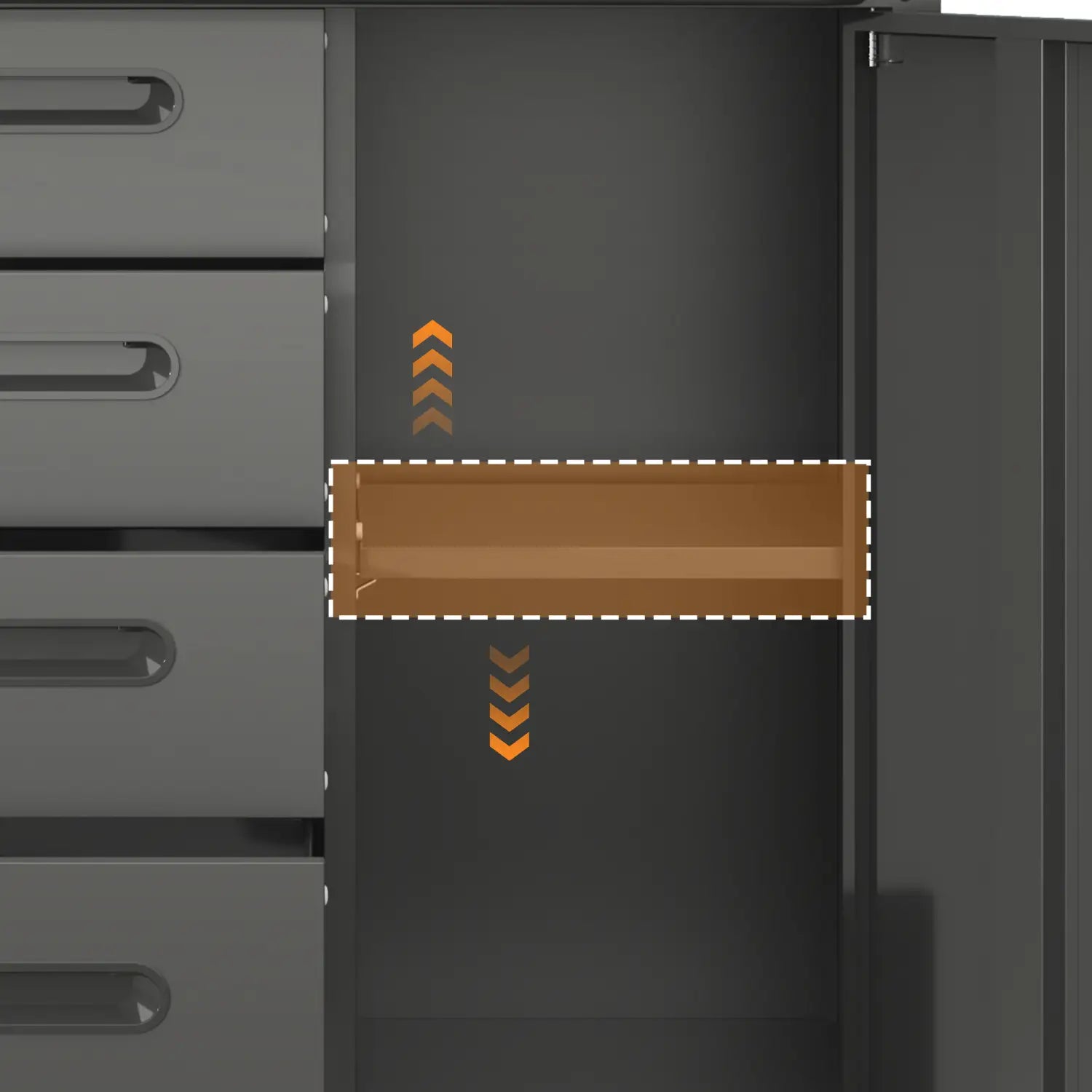 The image shows a brown rectangular drawer insert with rounded edges and a smooth surface inside a metal tool storage cabinet with four drawers and wheels.
