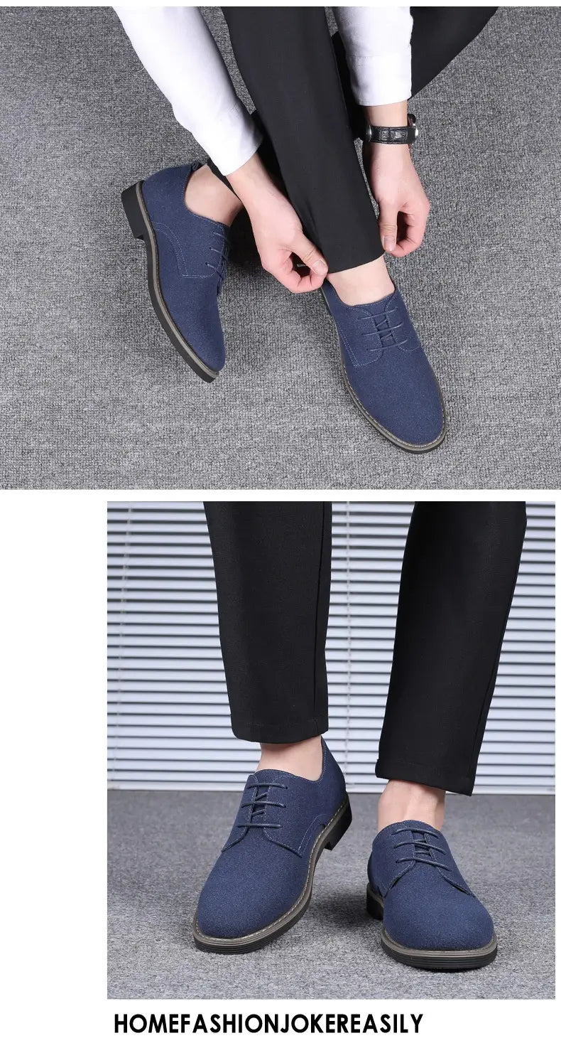 Navy blue suede lace-up oxford shoes for men in plus size featuring a British style design suitable for casual wear.