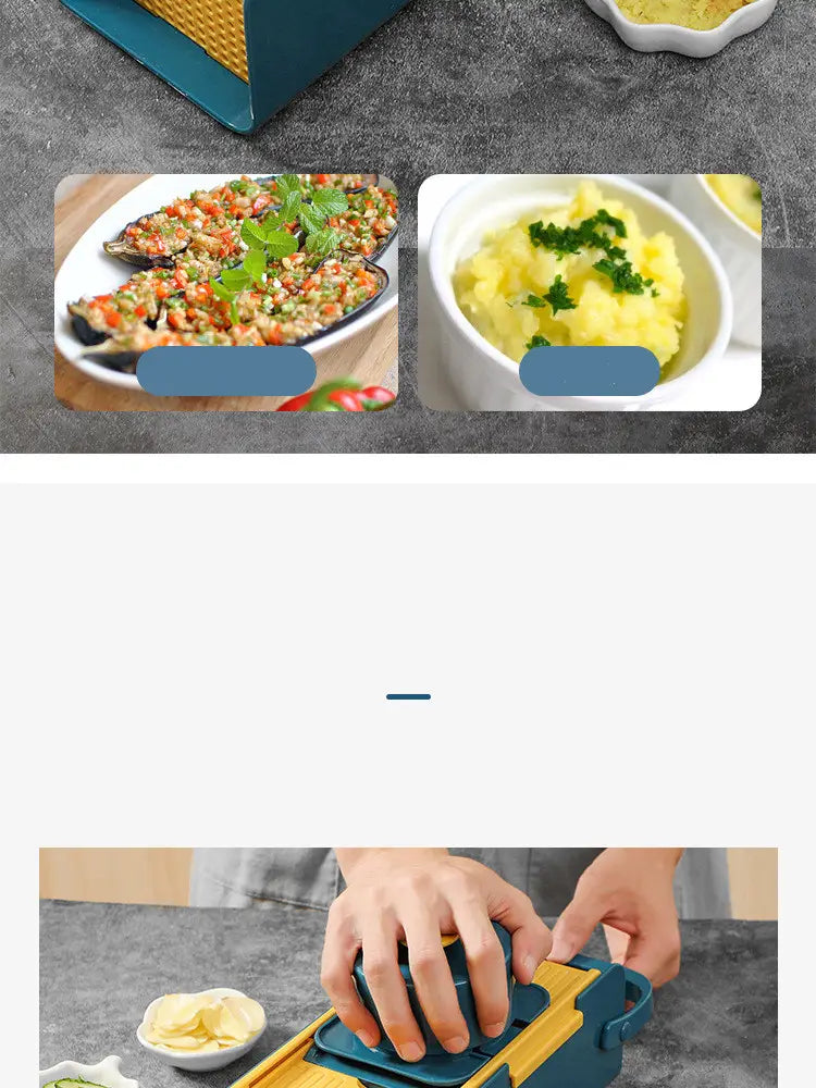 Trancheuse à légumes 5 en 1, multi-fonctionnelle, avec une mandoline turquoise et jaune, munie d’une poignée texturée pour une meilleure prise.