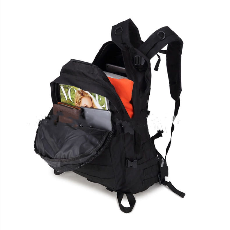 Black tactical camouflage mountaineering backpack with multiple compartments and adjustable straps for hiking shown from the back side.