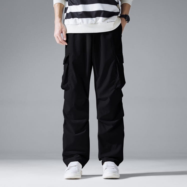 mens multi pocket cargo workwear pants in black feature multiple side pockets and a relaxed straight-leg cut for durable and comfortable use.
