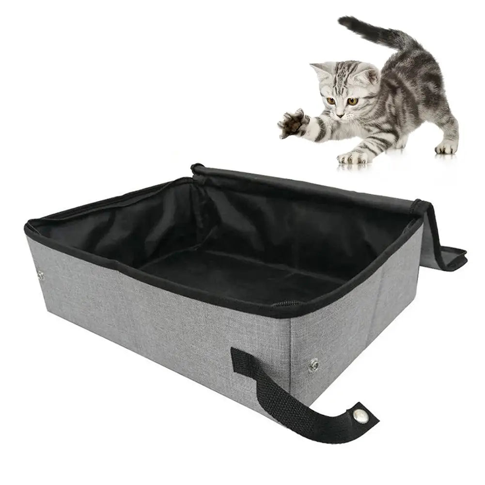 Foldable waterproof gray fabric cat litter box with black interior and carrying strap.