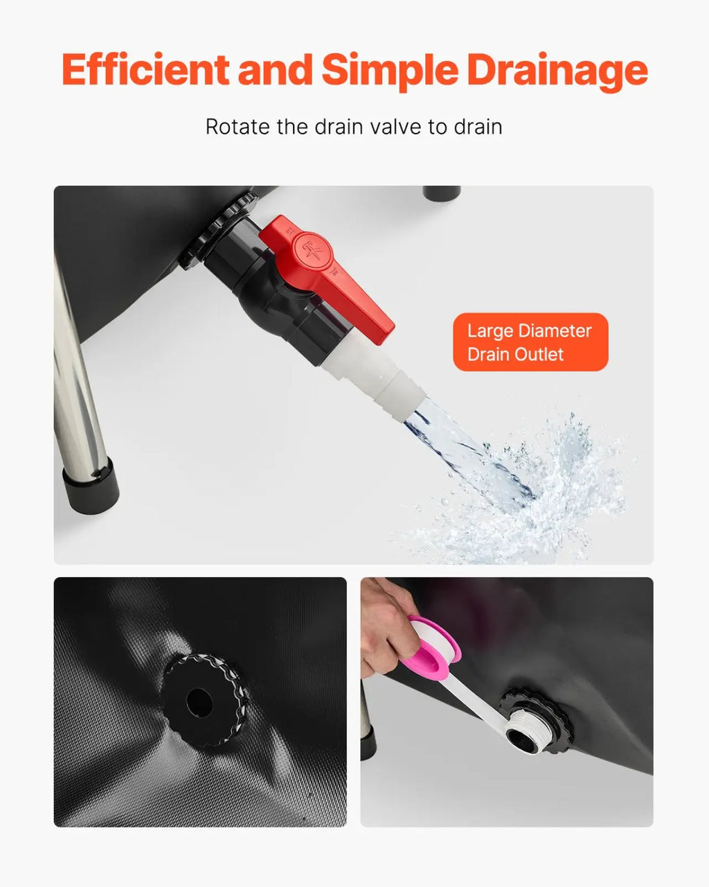Red and black drain valve with large diameter outlet on 470 gallon koi tank canvas fish pond with view panel