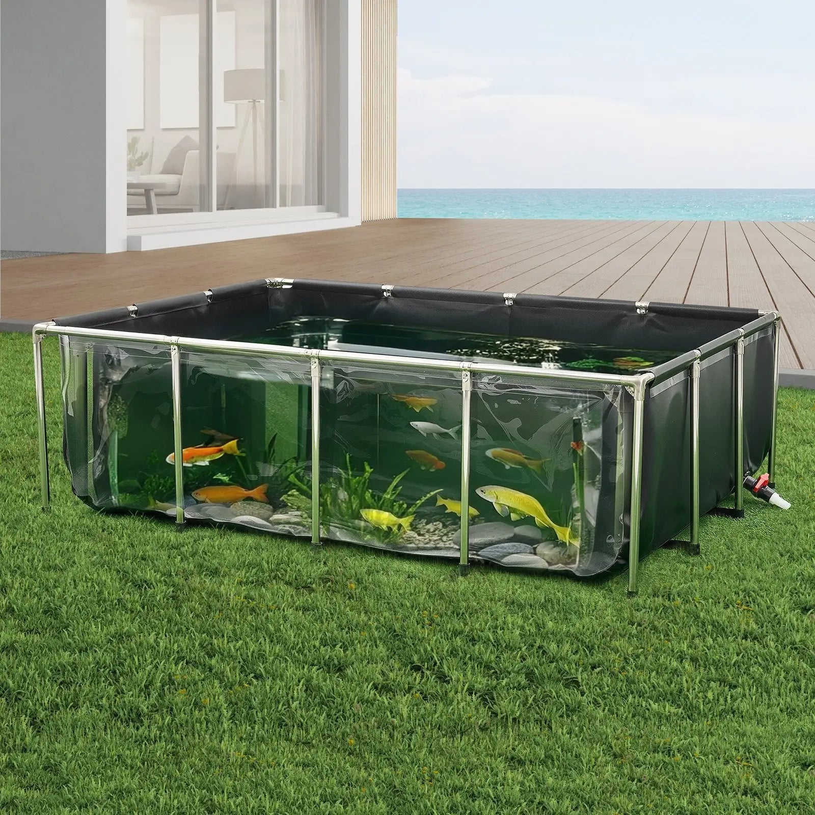 470 gallon koi tank canvas fish pond with clear plastic sides black fabric lining and silver metal frame poles