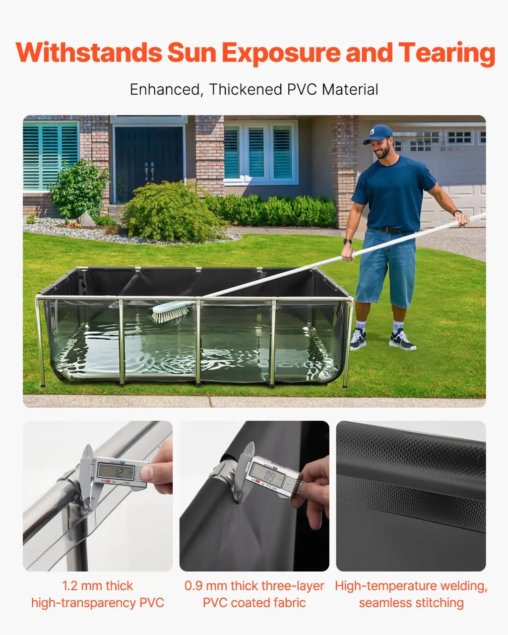 Rectangular 470 gallon koi tank canvas fish pond with transparent pvc walls black fabric lining and metal frame