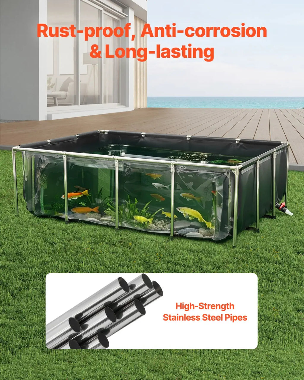 470 gallon koi tank canvas fish pond with transparent sides, black frame, and stainless steel pipes above ground