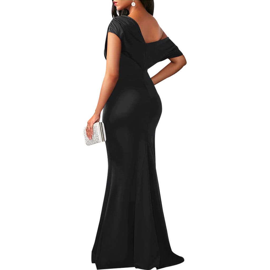 A sleek black satin off the shoulder mermaid evening gown with draped bodice short sleeves and a flattering back cutout shown from the back side.