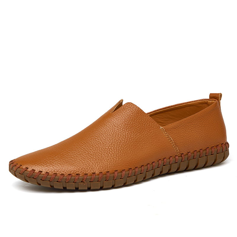 Men’s breathable navy blue perforated leather driving loafers with brown stitched sole and lining in large sizes.