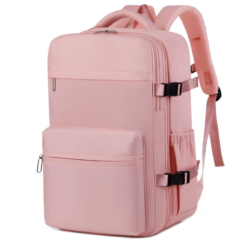 Mochila rosa de nailon con compresión al vacío para laptop de 15 pulgadas y 35 L, con correas negras con hebilla y tiradores de cremallera plateados.