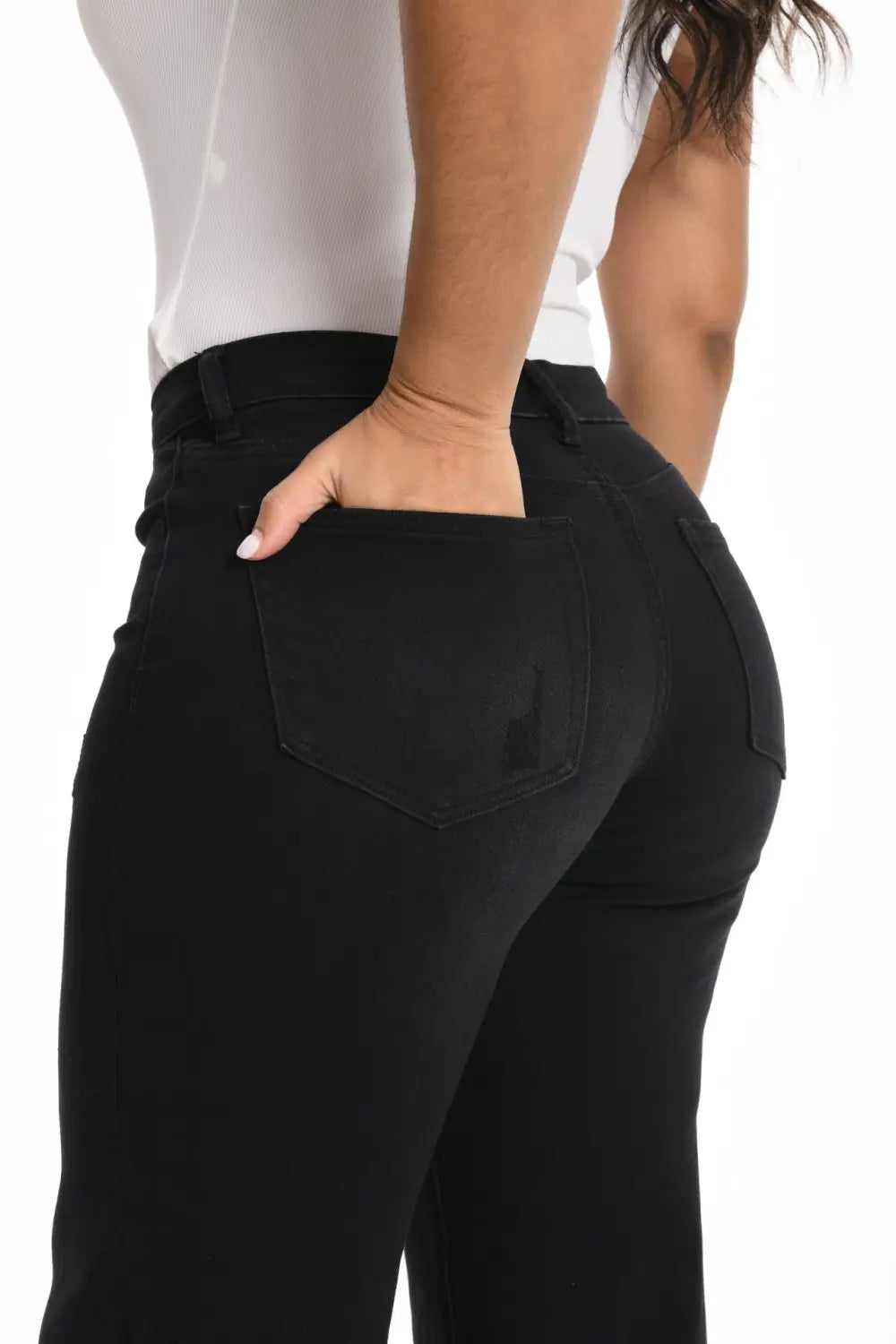 black high-waisted wide leg stretch denim jeans with a sleek form-fitting design and subtle stitching details