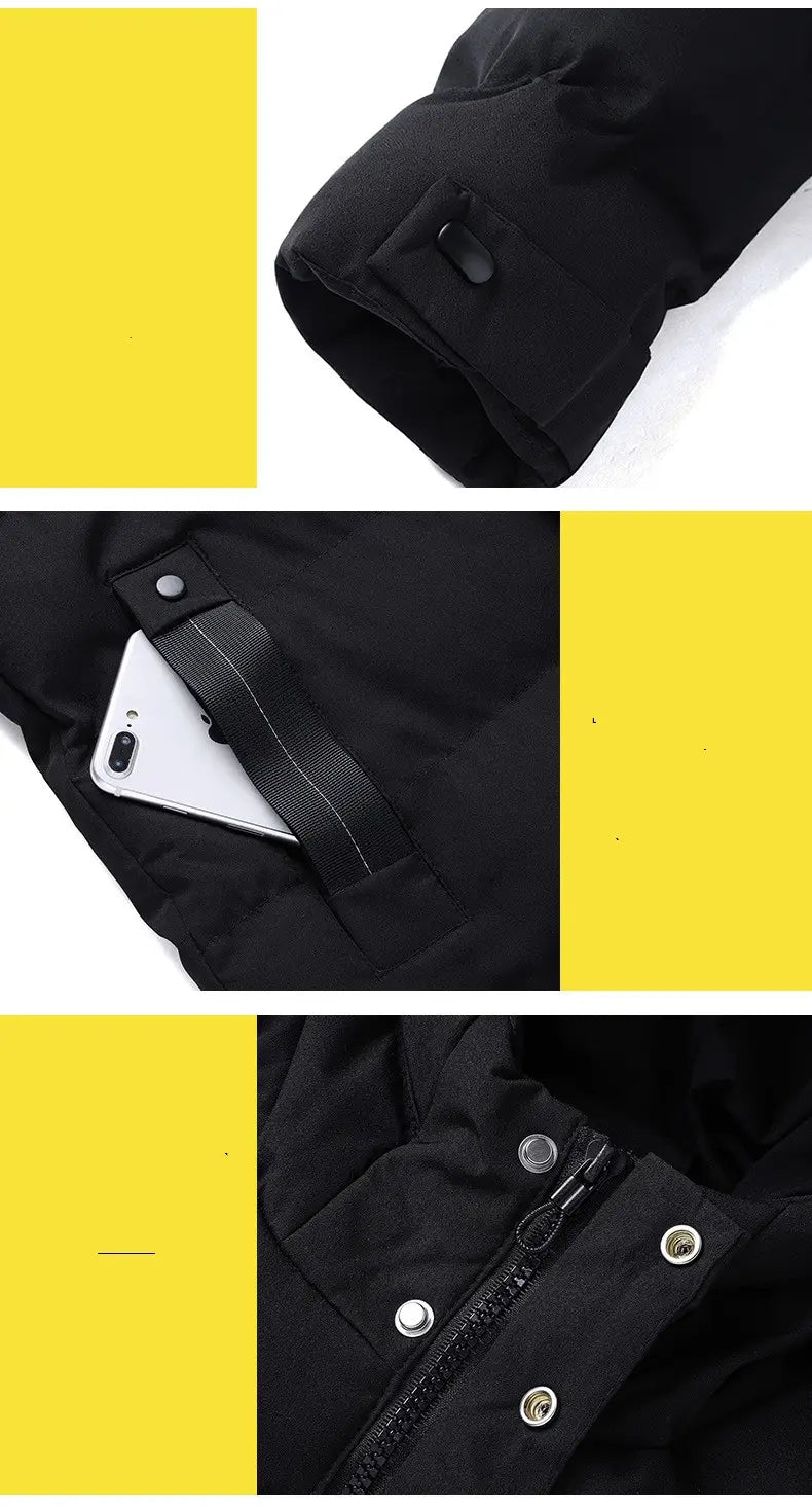 Veste matelassée homme noire coupe-vent à capuche, avec boutons pression et fermeture à glissière, conçue pour vous tenir au chaud et pour un usage en extérieur.