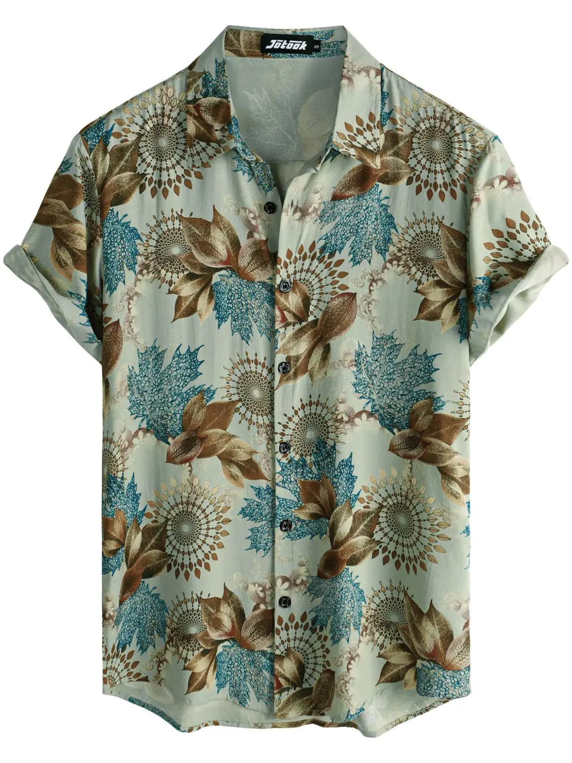 A light green floral Hawaiian short sleeve shirt for men featuring a vibrant pattern of blue and brown floral motifs on soft fabric.