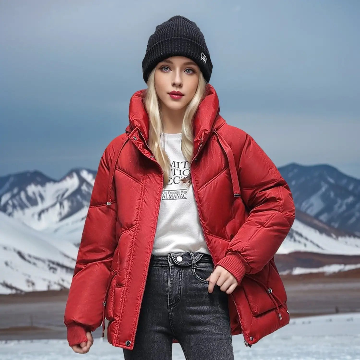 Ein leuchtend rotes koreanisches lockeres Winter-Steppjackett mit Daunenoptik aus Steppmaterial, mit Kapuze und vorderem Reißverschluss, getragen über einem weißen Grafik-T-Shirt.
