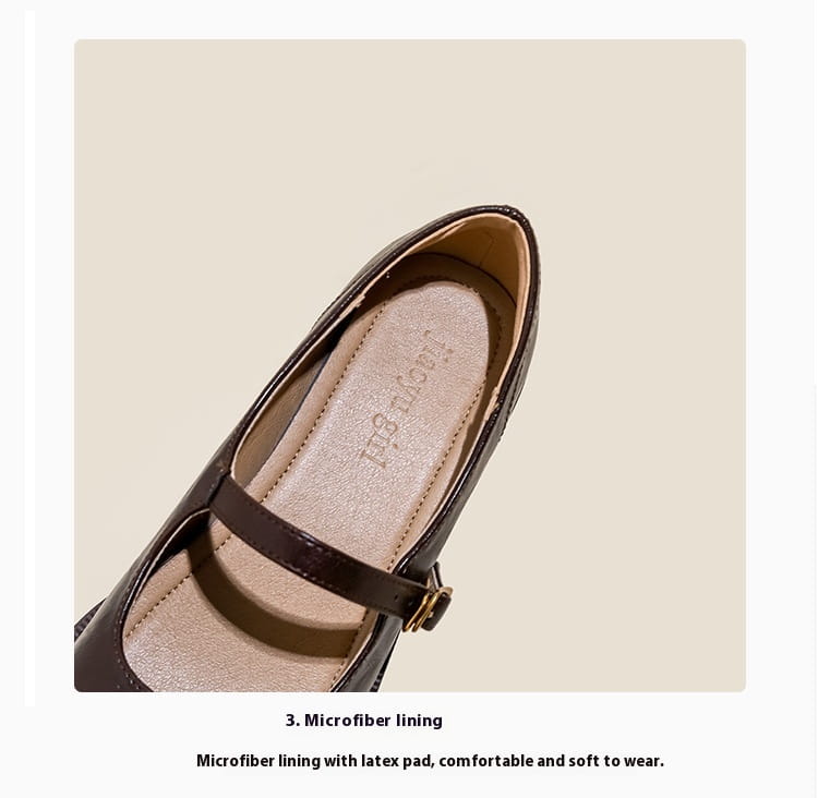 Brown patent leather mary jane shoe with a single strap and gold tone buckle featured in a product titled black leather mary jane shoes with block heel.