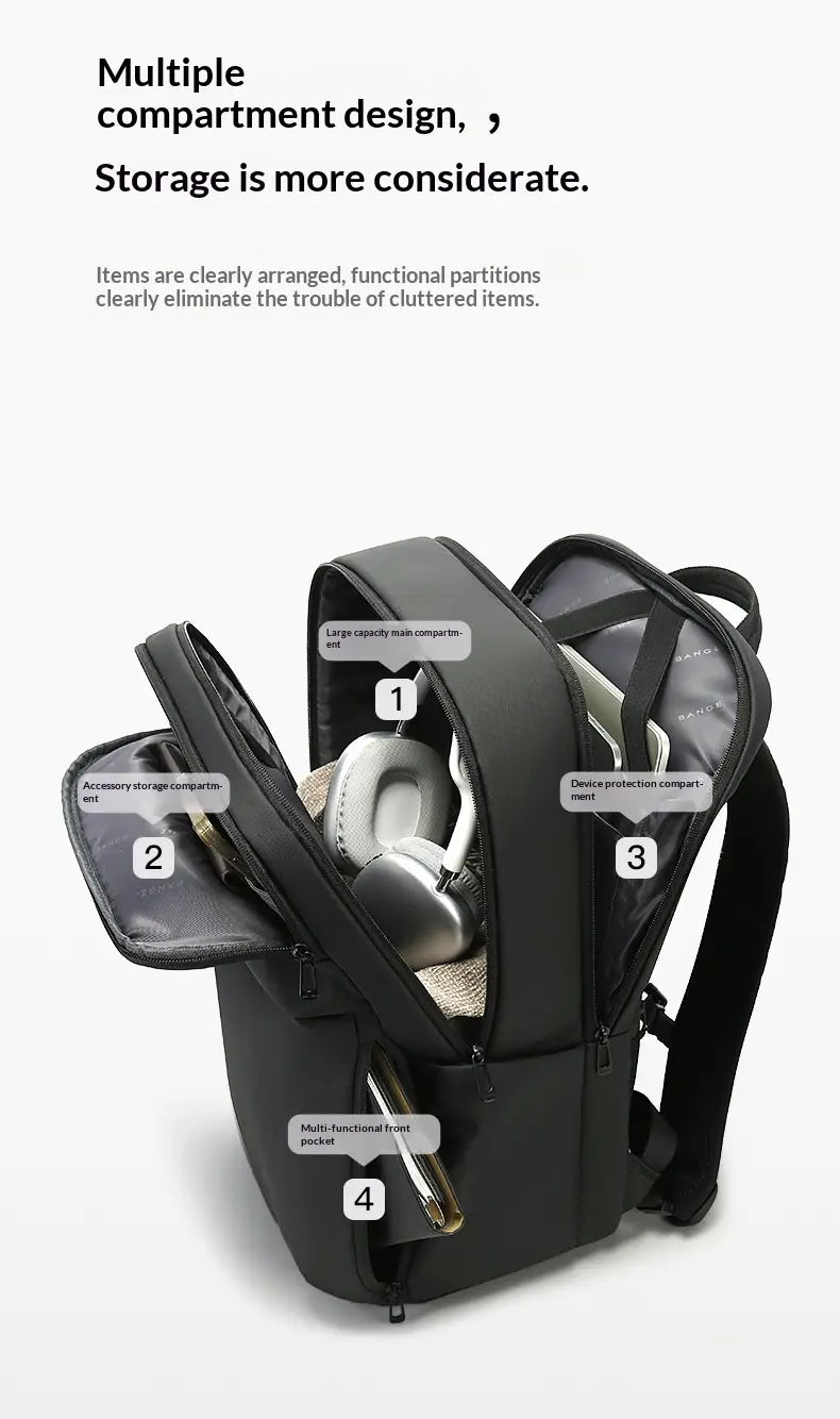 Black nylon business commuter backpack with large capacity laptop compartment and multiple zippers and compartments.
