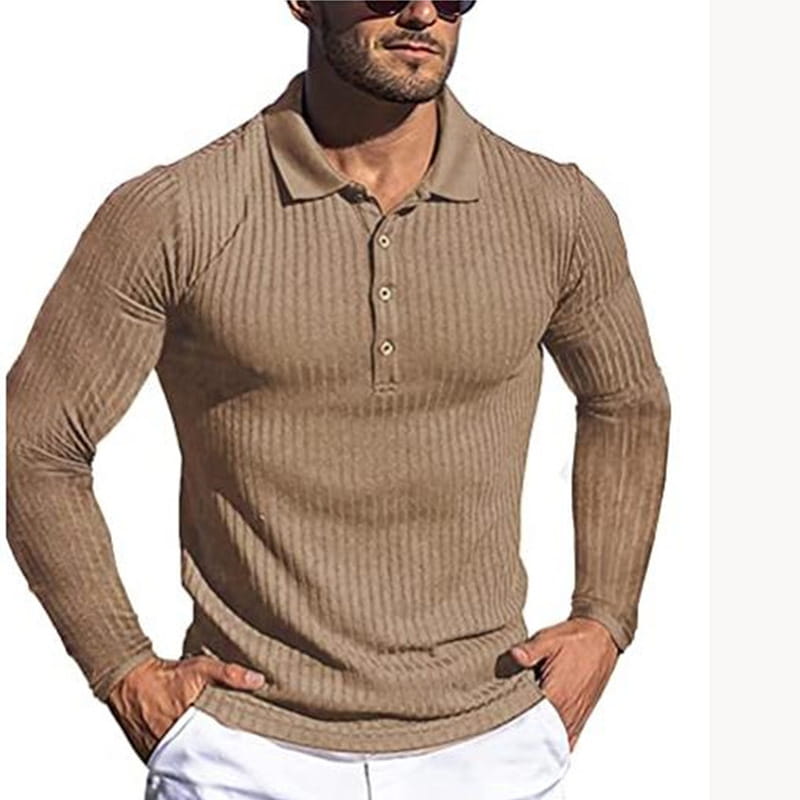 Beige ribbed knit slim fit long sleeve polo shirt for men featuring a classic collar and button placket.
