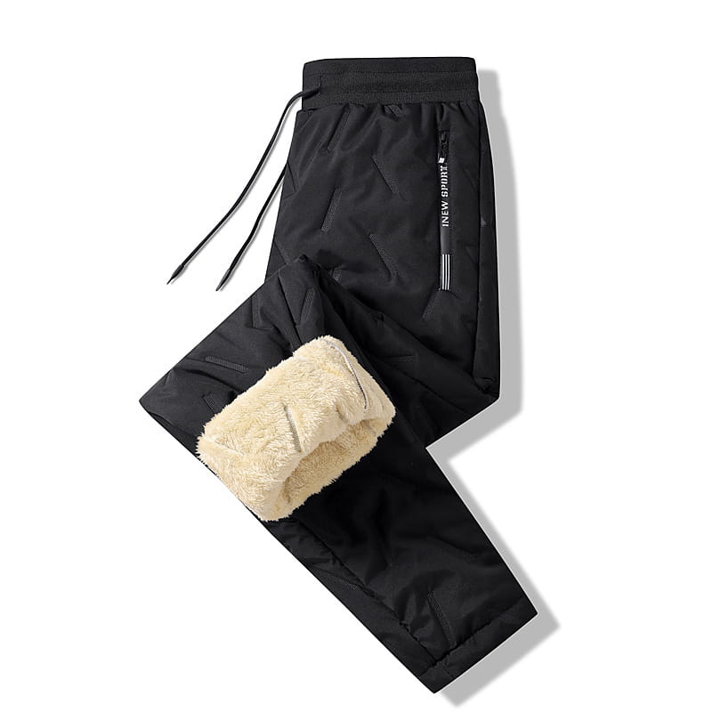 black thermal fleece lined winter joggers with plush beige fleece lining and drawstring waistband designed for cold weather comfort