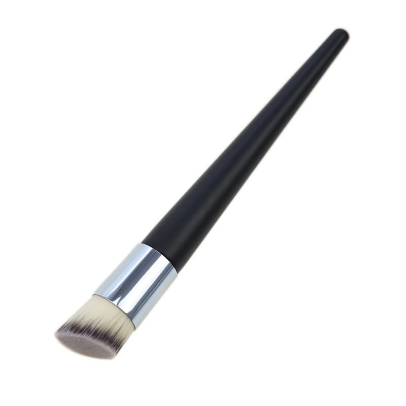 Foundation brush with a sleek black wooden handle, silver ferrule, and soft tapered bristles for angled makeup application.