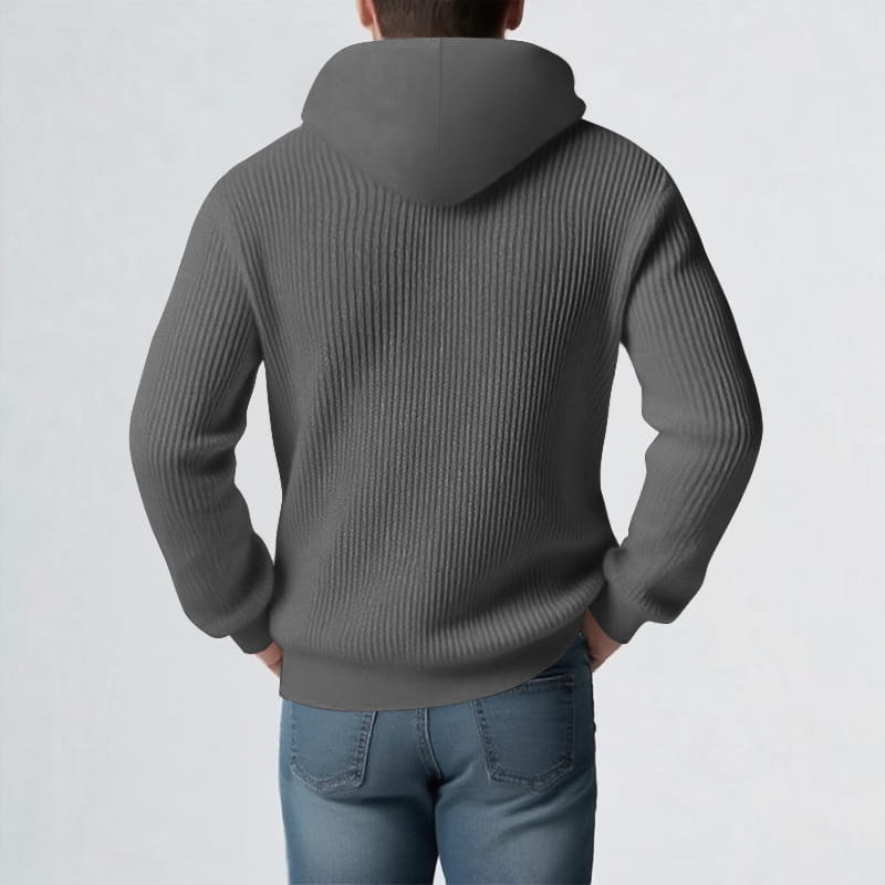 Una sudadera con capucha de punto acanalado gris oscuro, con capucha y mangas largas, diseñada como sudadera tipo jersey con capucha para hombre de invierno engrosada.