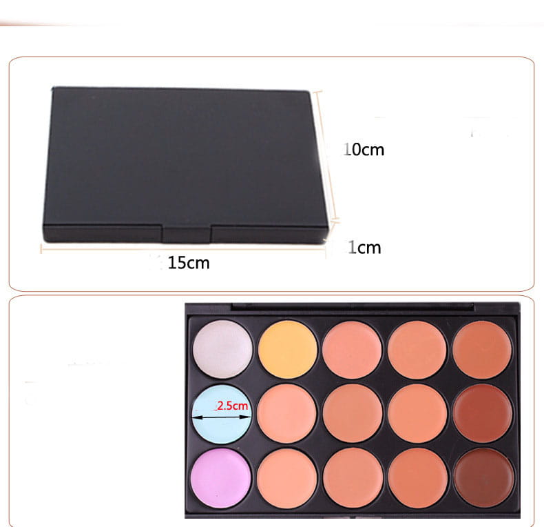 Schwarze rechteckige 15-Farben-Abdeckpalette für professionelles Make-up, mit 15 runden Einsätzen in Beige-, Pfirsich-, Rosa- und Brauntönen für vielseitige Hautabdeckung.
