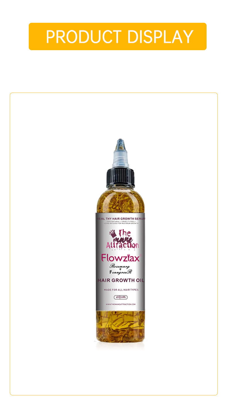 Eine klare Glasflasche mit schwarzem Pipettenaufsatz enthält bernsteinfarbenes „The attraction flowzlax“ Rosmarin- und Pfefferminz-Haarwachstumsöl, das für eine Anti-Frizz-Kopfhautbehandlung verwendet wird.